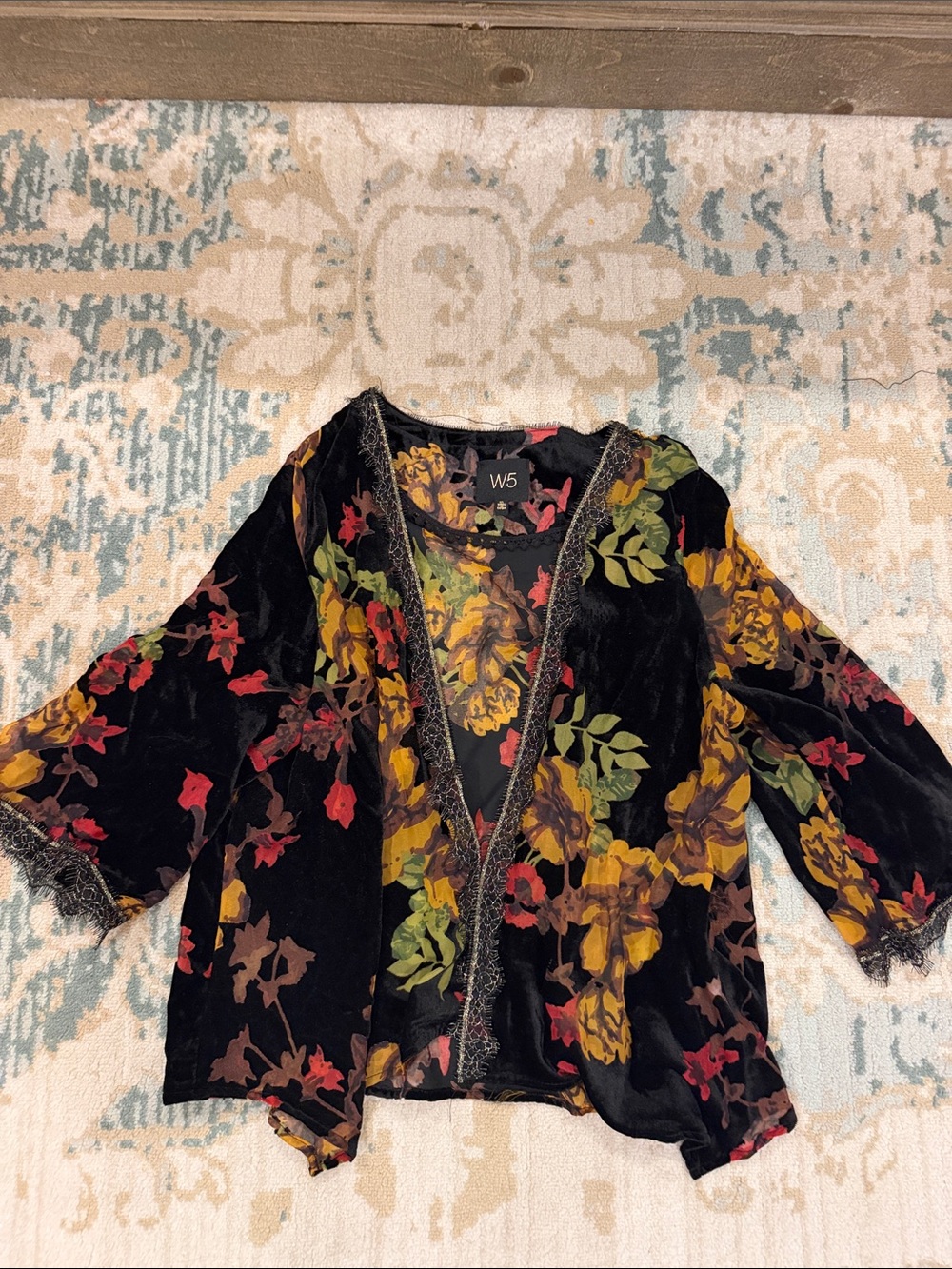 Gorgeous unique W5 Black Velvet Open Blazer with Multicolor Floral